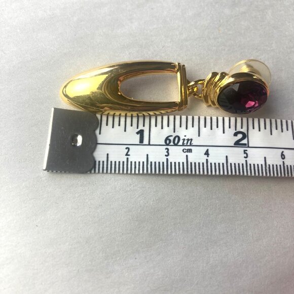 Vintage 80s 90s Gold Toned Pierced Earrings Purple Stone Door Knocker Regency - Picture 6 of 7